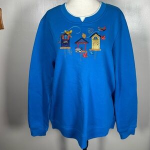 Breckenridge Teal Blue Birds Embroidered White V Neck Granny Sweatshirt Sz XL